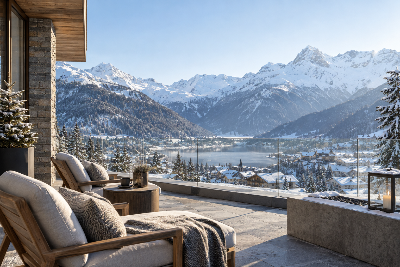 Illustrative winter alpine terrace